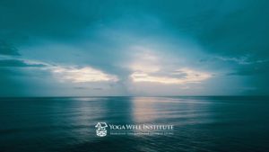 Blue ocean background with Yoga Well Institute's logo below