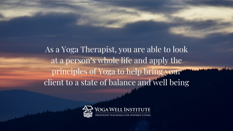 As a Yoga Therapist, you are able to look at a person’s whole life and apply the principles of Yoga to help bring your client to a state of balance and well being.