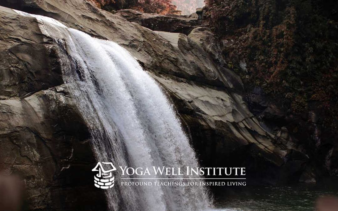 Waterfall with Yoga Well's Logo over it