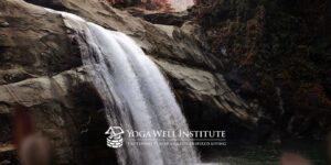 Waterfall with Yoga Well's Logo over it